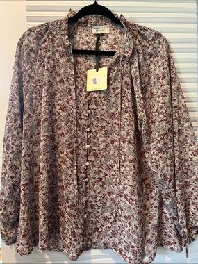 Dress Forum Women's Cream Blouse with Red Floral Print Button-Down